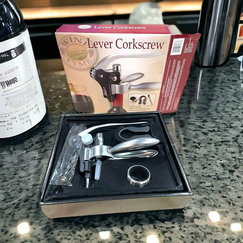 WINE TYME by Le Gourmet Chef Lever Corkscrew Wine Collar Foil Cutter Set NIB!!